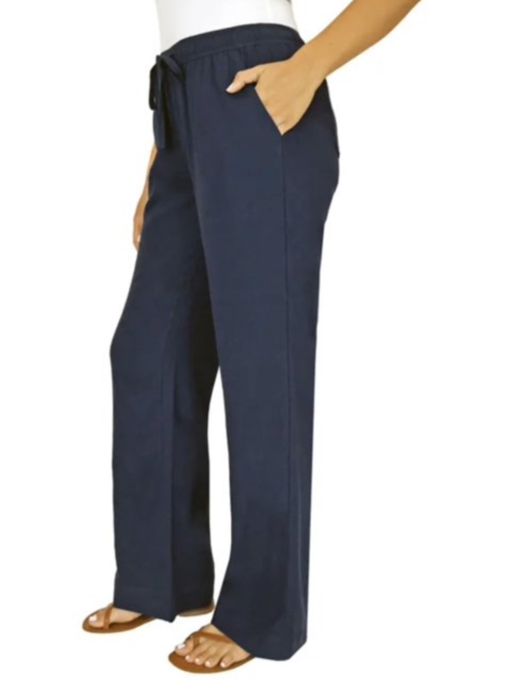 Briggs Womens Pull On Navy Linen Blend Wide Leg Pant Medium - Picture 2 of 11